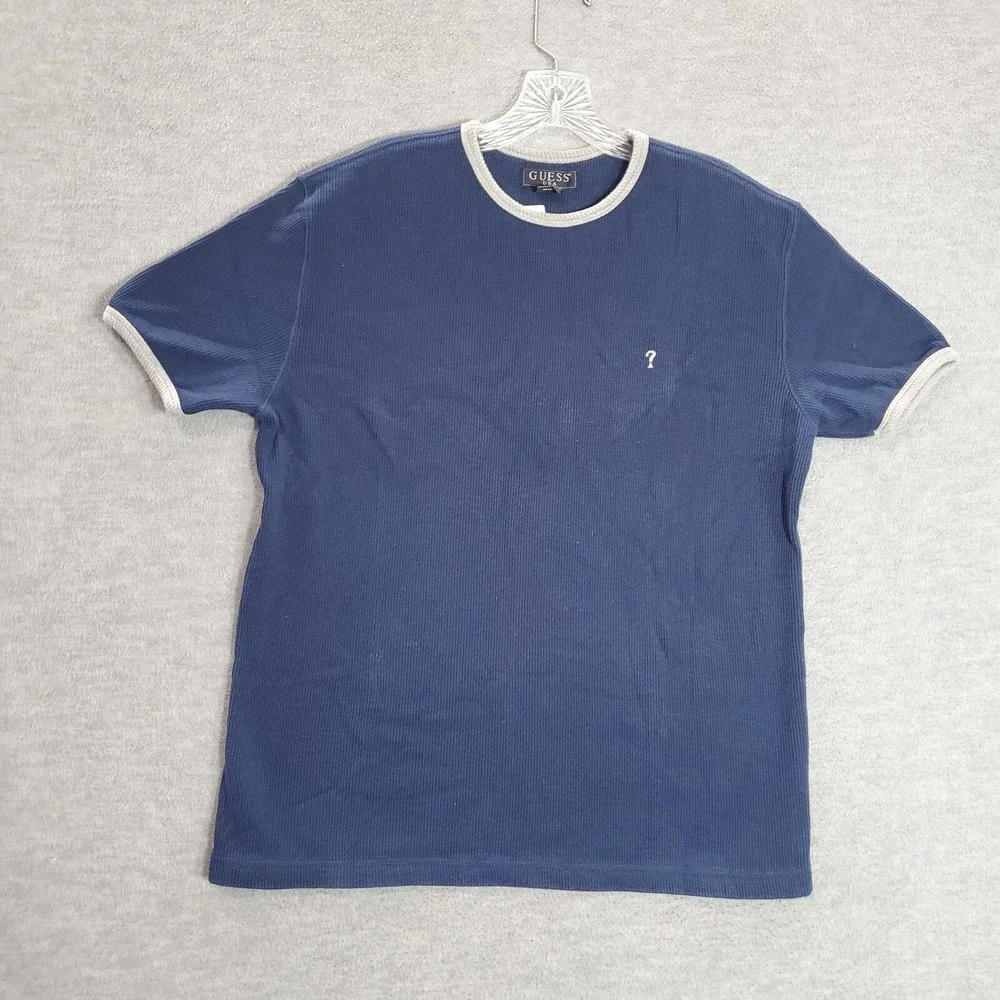VINTAGE Guess Boys T-Shirt 2XL Blue Ringer Waffle Knit Logo Embroidered Peru 90s